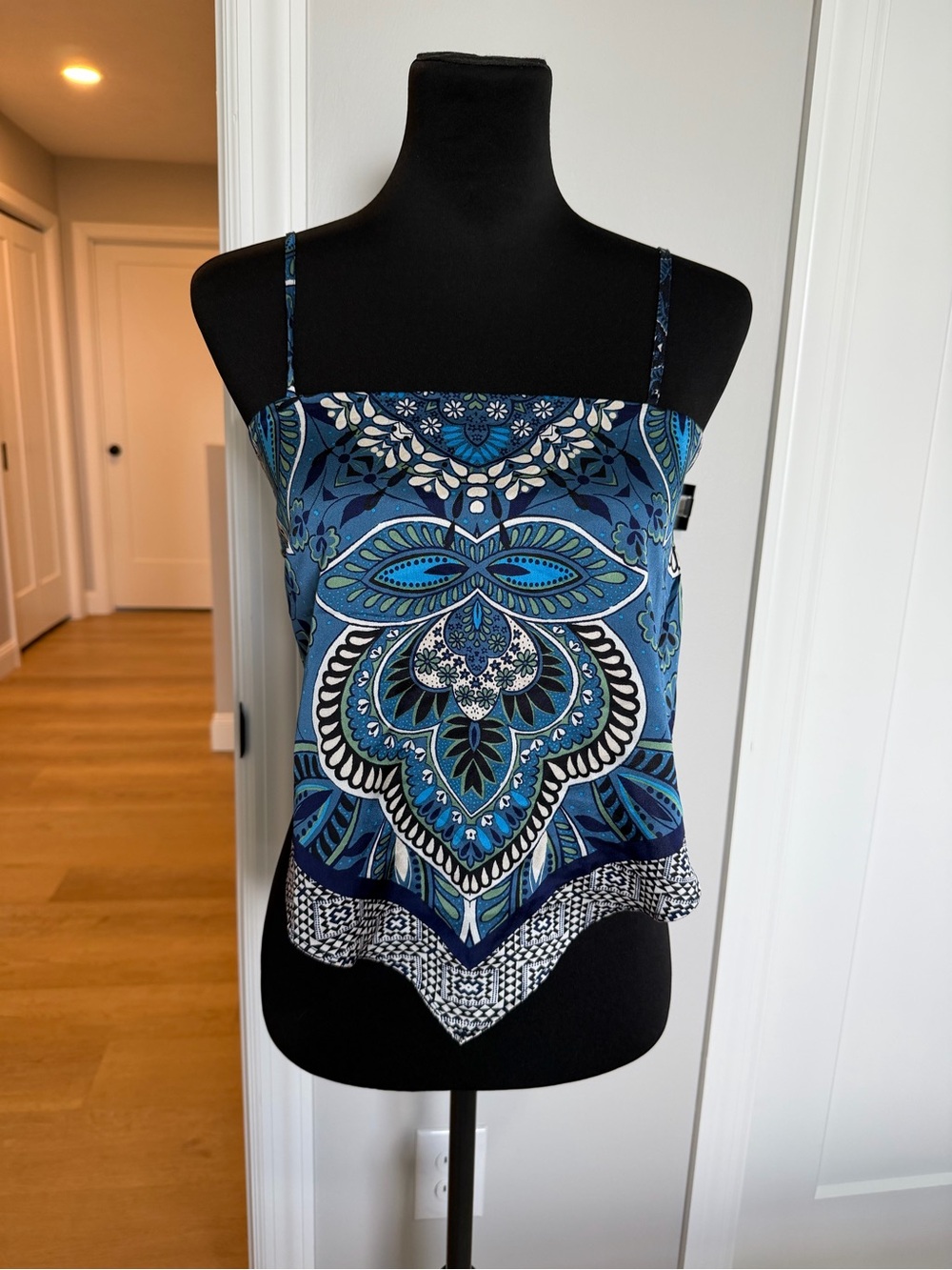 Blue Printed Spaghetti-Strap Women's Top with Medallion Motif